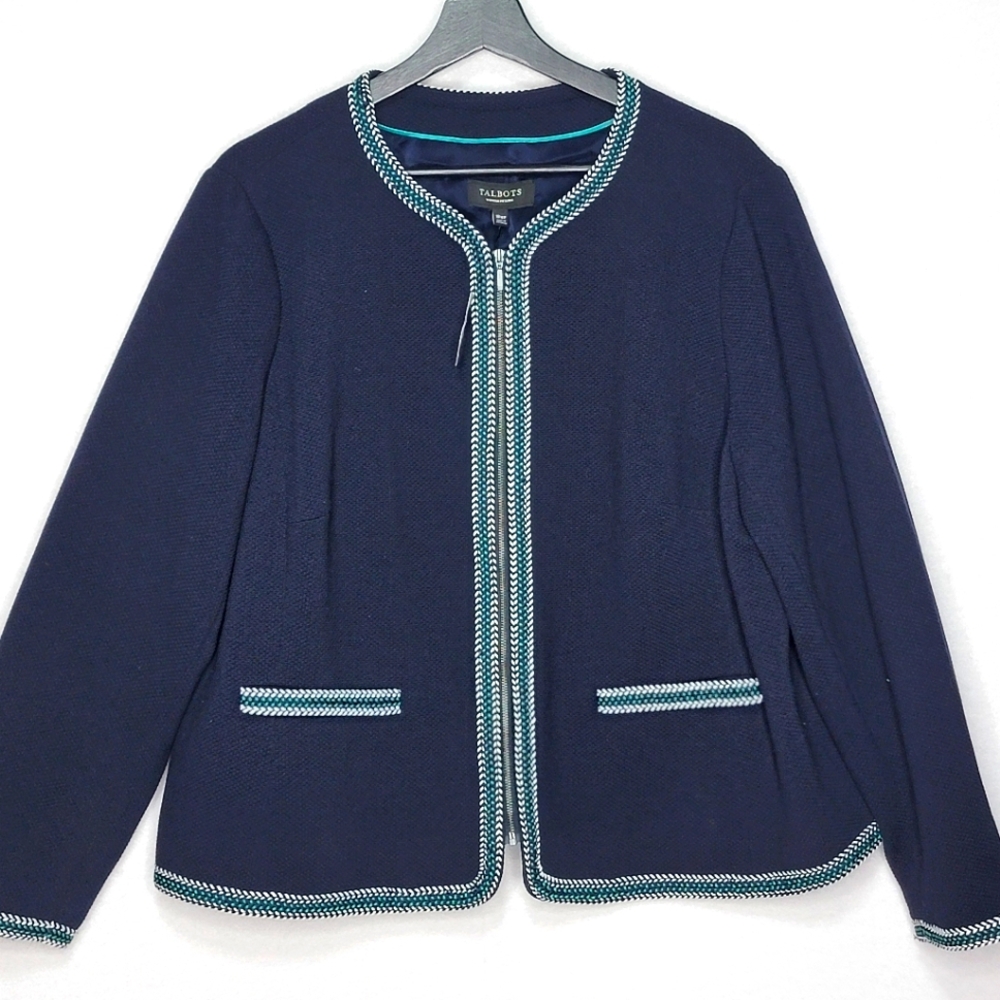 NWT!! Talbots Navy Blue w/ White Green Trim Stretch Zip Cropped Jacket Size 18WP
